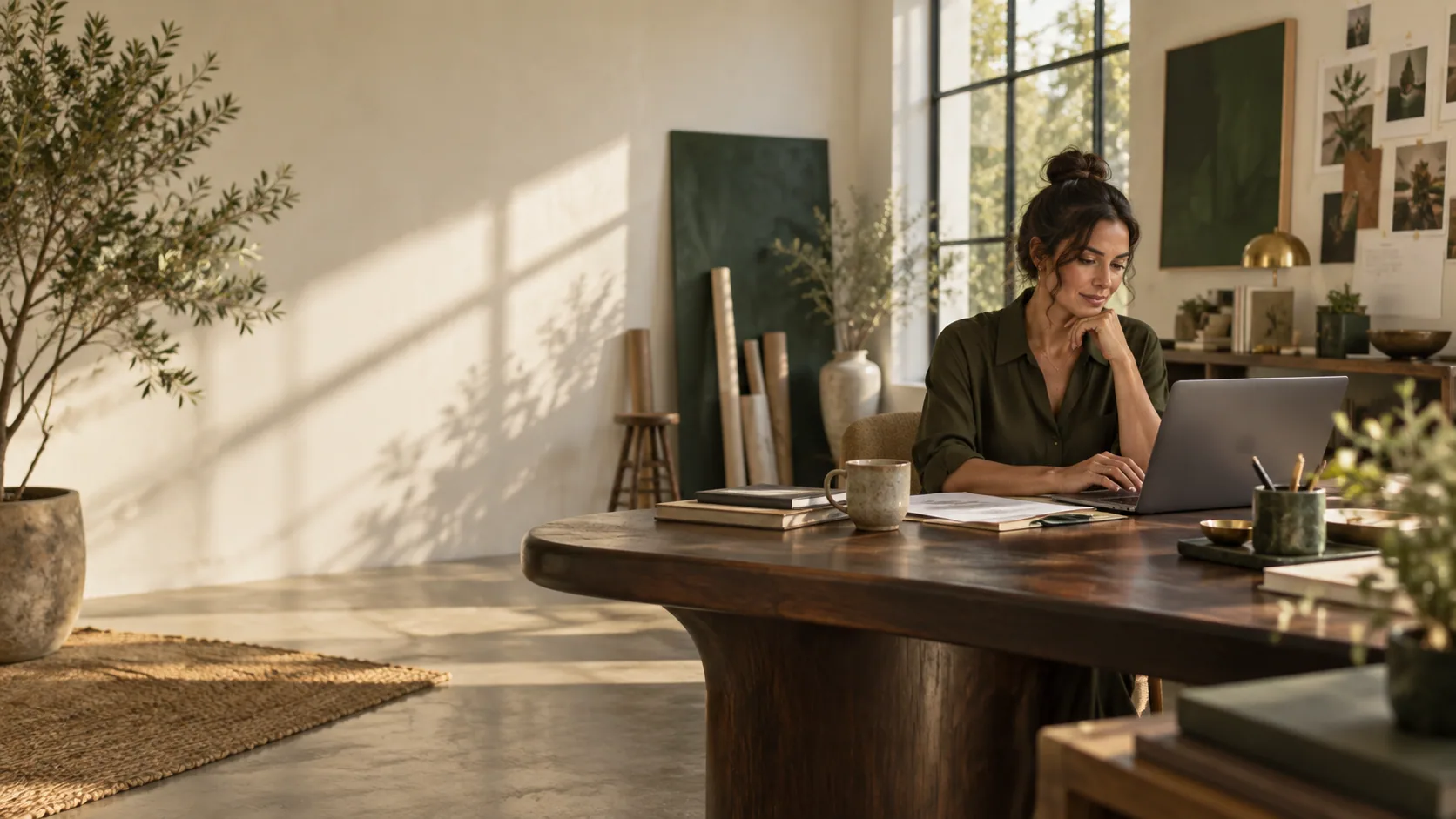 Small business owner reviewing finances in a sunlit studio