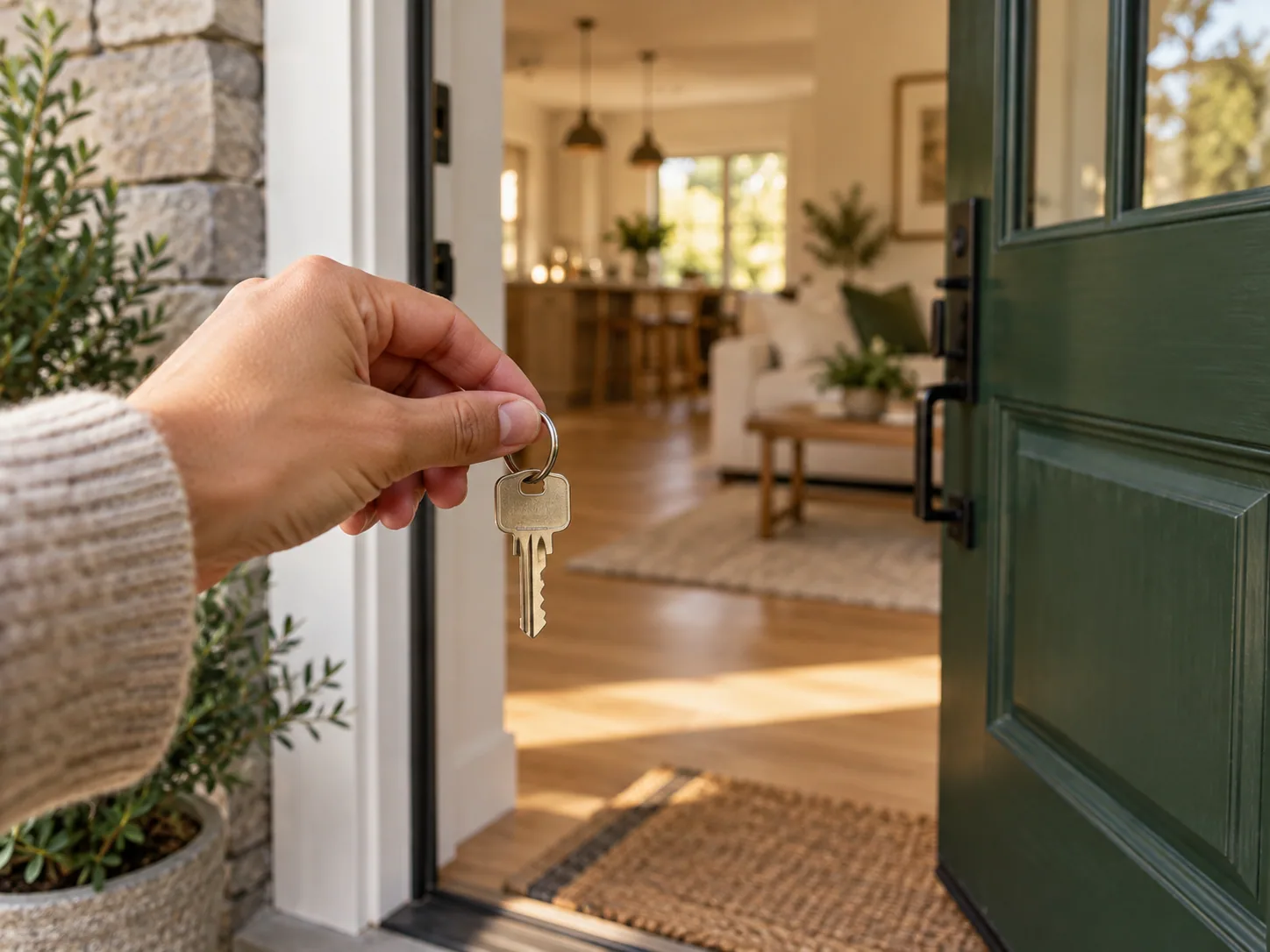Hand holding a house key at the open door of a new home